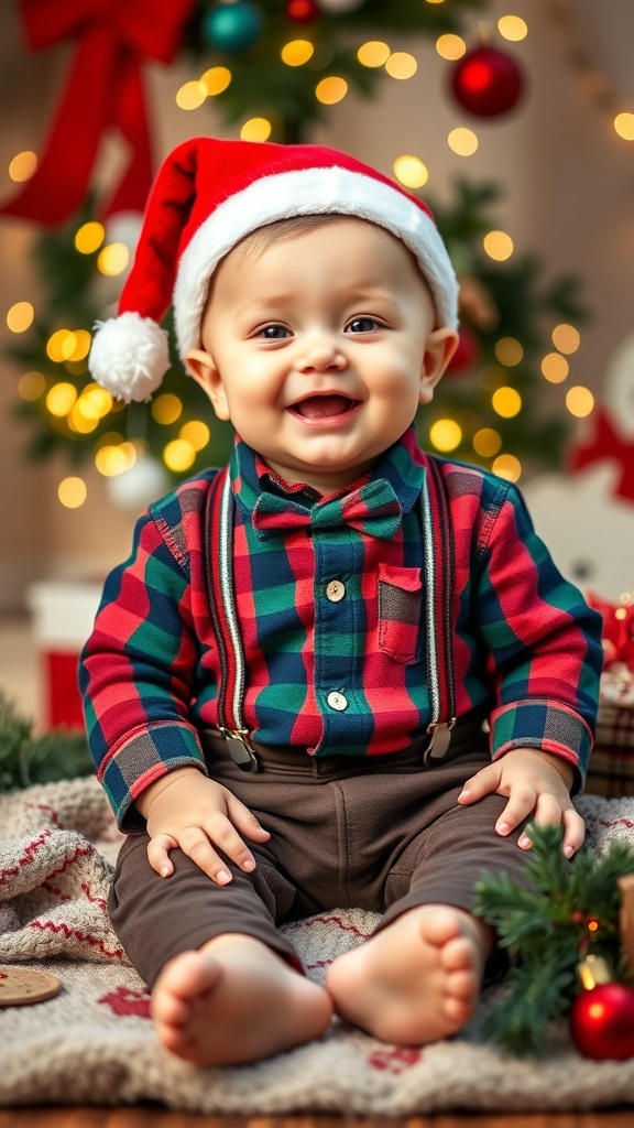 Adorable Christmas Outfit for 9-Month-Old Boy A 9-month-old boy in a Christmas outfit with plaid shirt and bow tie, sitting on a blanket with holiday decorations.